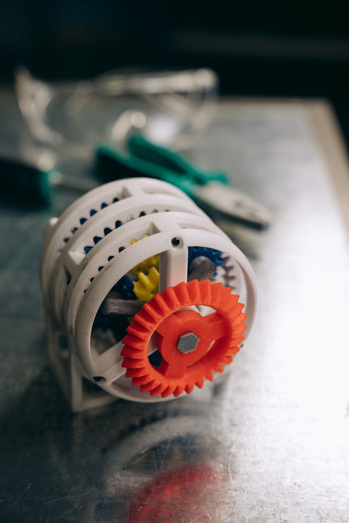 Close-up of colorful 3D printed gears on a workbench, showcasing modern technology.